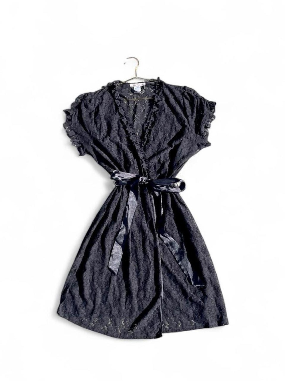Vintage Linea Donatella Black Lace Lingerie Robe Tie Front L/XL